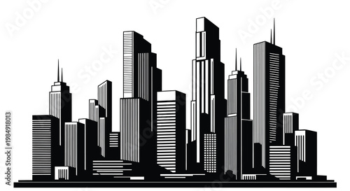 A striking black and white illustration of a modern city skyline