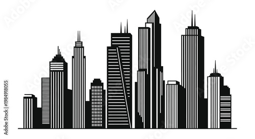 A striking black and white skyline silhouette of a modern city