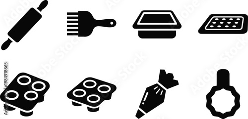 Baking and kitchen tools silhouette vector icon set featuring rolling pin pastry brush baking tray muffin pan piping bag and cookie cutter isolated on white background