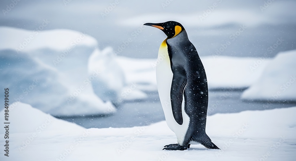 Fototapeta premium A majestic penguin stands tall on a snowy, icy terrain with a water background