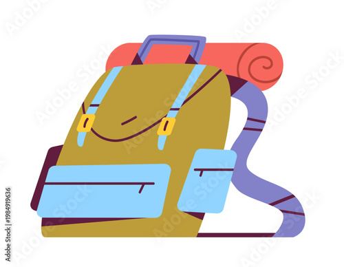 Hiking backpack with red sleeping mat camping gear