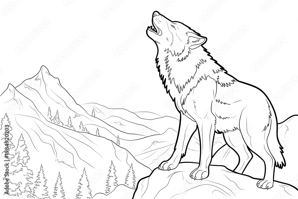 Fototapeta premium Wolf howling drawing with mountains and intricate line art design