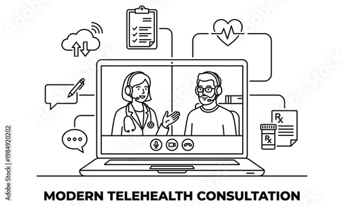 Modern telehealth consultation with doctor and patient on laptop screen with medical icons around