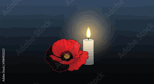 Remembrance poppy, lit candle, memorial symbol, red flower, dark background