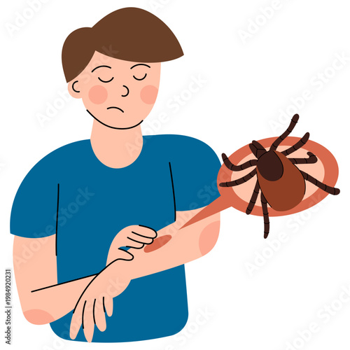 Tick Bite on Arm. Flat vector illustration of man with tick bite and skin irritation, Lyme disease infection concept. Ideal for healthcare, medical awareness and outdoor safety design.