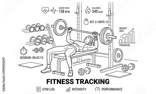 Man lifting weights on bench press with fitness tracking metrics and gym equipment around him