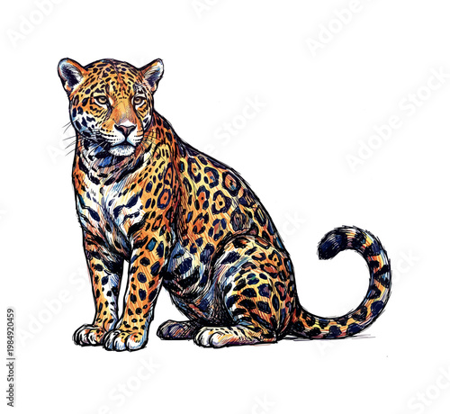 Vibrant jaguar illustration with colorful spots and intense gaze