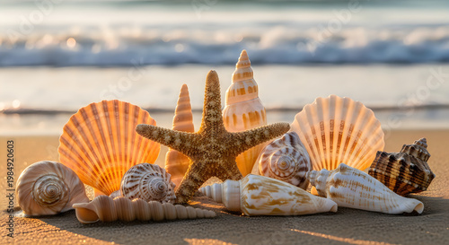 Creative sandcastle with starfish and seashells on a beach illustration