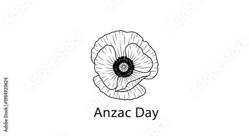Anzac Day, poppy flower icon, black and white illustration, memorial symbol