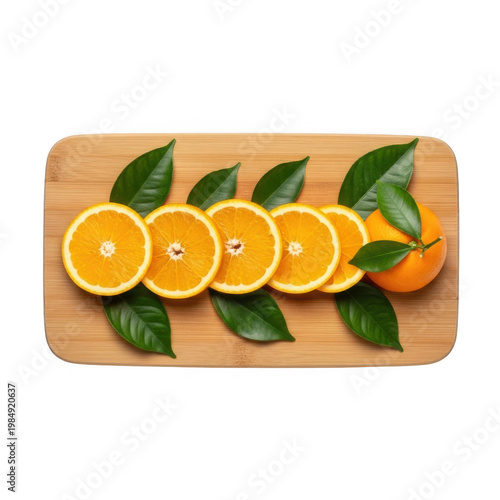 Freshly sliced oranges arranged with green leaves on a wooden cutting board