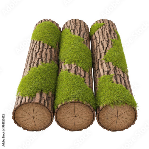Three rustic logs covered in vibrant green moss, showcasing natural textures and organic forms