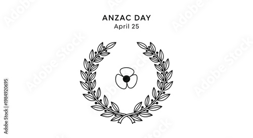 Anzac Day, April 25, Australian New Zealand Army Corps, Laurel Wreath, Poppy Symbol, Vector Illustration