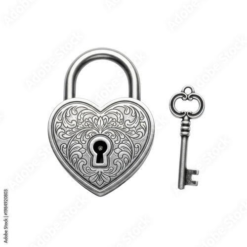 An ornate heart-shaped padlock with an antique key, symbolizing love and security