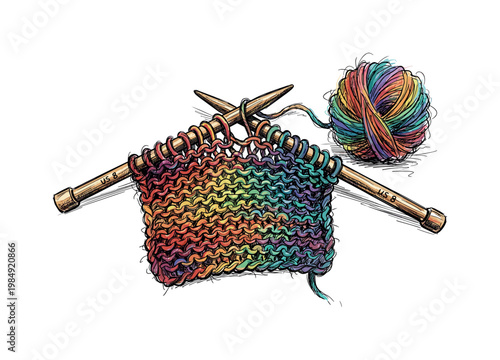 Rainbow yarn and knitting needles creating a colorful fabric with intricate stitches