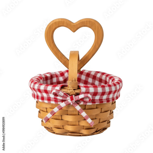A small woven basket with a heart-shaped handle and a red and white checkered lining, adorned with a ribbon bow