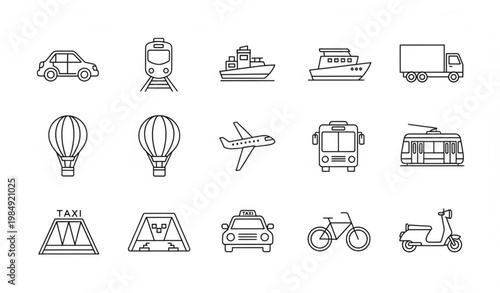Public transport line icons set with car train plane boat truck editable stroke vector for UI UX