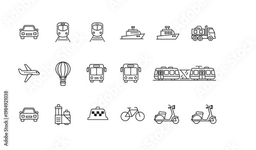 Public transport line icons set with car train plane boat truck editable stroke vector for UI UX