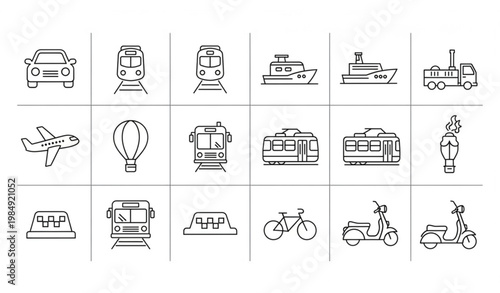 Public transport line icons set with car train plane boat truck editable stroke vector for UI UX