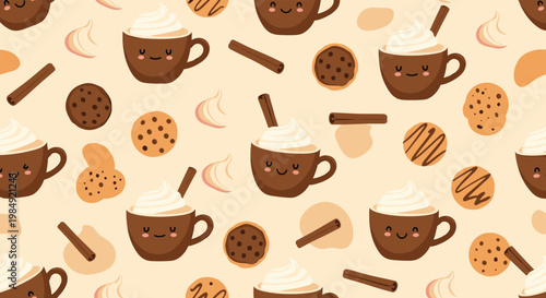 Seamless pattern of hot chocolate cups with whipped cream, cookies, cinnamon sticks, and marshmallows on a cream background.