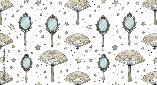 Hand-drawn seamless pattern showcasing vintage hand mirrors, decorative folding fans, and stars over a neutral background for textiles and wallpaper.