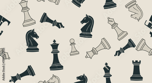 Seamless pattern of various chess pieces including knights, queens, bishops, and pawns in black and white on a light background.