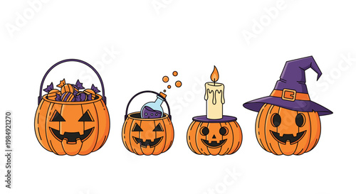 Illustration of four different Halloween pumpkins including a bucket of candy, a potion, a candle, and a witch hat.