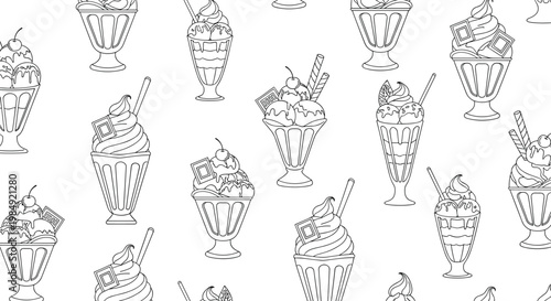 Black and white seamless pattern of various ice cream sundaes in glass bowls with toppings like cherries and chocolate.