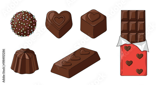 Assorted chocolate candies including bars with hearts, heart-shaped pralines, and a sprinkled truffle on a white background.