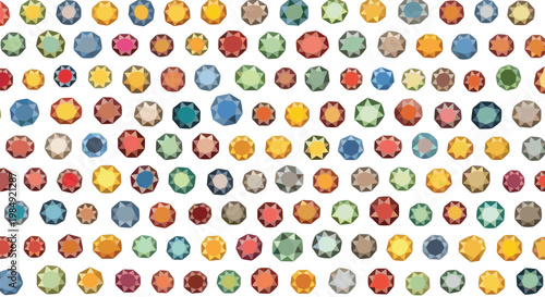 Seamless pattern of numerous colorful gemstones and diamonds in various cuts and shapes on a white background.