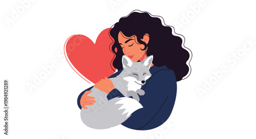 Illustration of a beautiful woman with long dark hair lovingly hugging a cute grey fox with a red heart in the background.