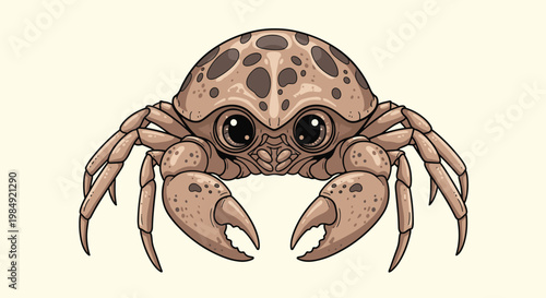 Detailed cartoon illustration of a brown crab with large eyes and a spotted shell isolated on a plain background.