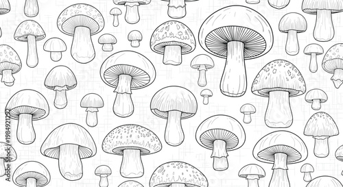 Black and white line art seamless pattern of various types of wild mushrooms for a children coloring book background.