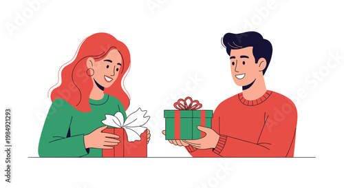 Flat illustration of a man and a woman happily exchanging wrapped gift boxes during a holiday or celebration.