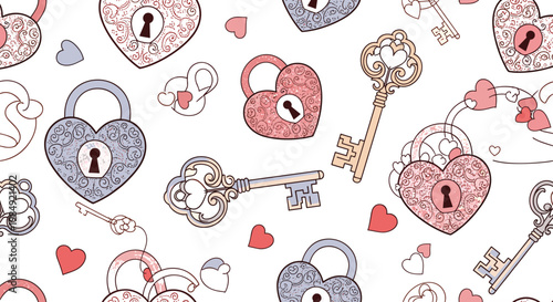 Vintage style seamless pattern of heart-shaped padlocks and ornate metal keys symbolizing love security and romance on white.