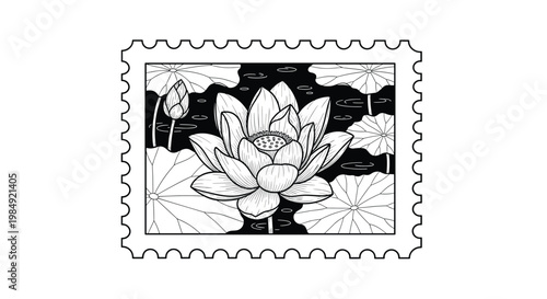 Detailed line art illustration of a blooming lotus flower centered within a classic postage stamp frame for zen and nature themes.
