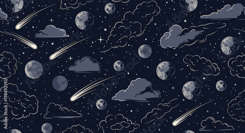 Celestial seamless pattern showing a night sky filled with textured moons passing clouds and shooting stars in a dark navy palette.