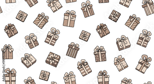 Seamless background pattern of various gift boxes wrapped in neutral brown and beige tones with ribbons for celebration packaging.