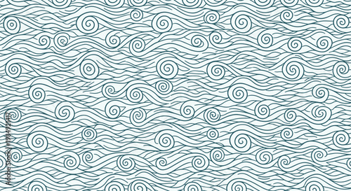 Stylized teal ocean waves and swirling sea surf seamless pattern creating a calming and decorative background for coastal themes.