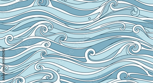 Decorative seamless pattern of blue ocean waves with curled crests and flowing lines for a nautical and serene marine background.