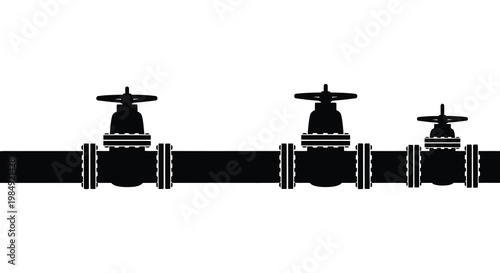 Three industrial valves are aligned along a black pipe against a stark white background presented as a silhouette high quality professional