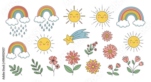 Large collection of cute nature icons including happy suns rainbows shooting stars and various colorful flowers for children designs.