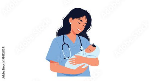 Smiling female nurse or pediatrician in blue scrubs holding a sleeping newborn baby in a hospital or maternity ward setting.