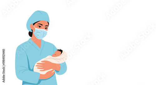 Professional female healthcare worker in a medical mask and cap tenderly holding a newborn baby wrapped in a soft white blanket.