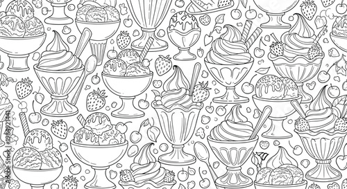 Hand-drawn black and white seamless pattern of delicious ice cream sundaes in glass bowls with strawberries and sweet toppings.