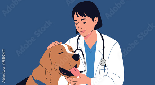 Friendly female veterinarian in a white lab coat smiling while petting a happy brown dog against a solid dark blue background.