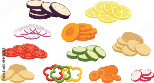 Vegetable Slice Illustration Set with Eggplant, Lemon, Onion, Tomato, Cucumber, Potato, Carrot, and Pepper for Fresh Food Design and Healthy Cooking Concepts