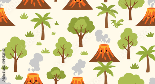Seamless background pattern of cute volcanoes with faces dinosaurs palm trees and tropical foliage for a playful prehistoric theme.
