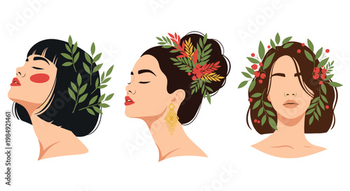 Portraits of three beautiful women with stylized hair adorned with colorful flowers and green leaves in a modern artistic style.