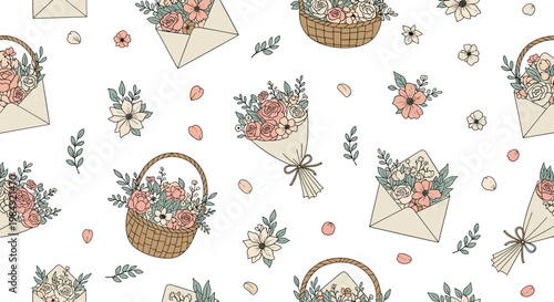 Charming seamless pattern of floral bouquets in envelopes and wicker baskets with scattered petals on a clean white background for romantic designs.