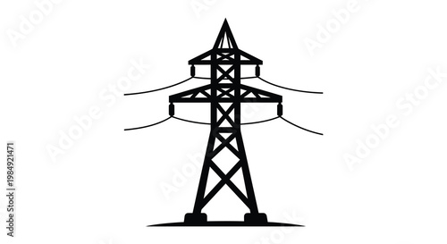 A stark black silhouette of a high voltage electricity pylon against a white background showcasing industrial infrastructure silhouette high quality professional detailed